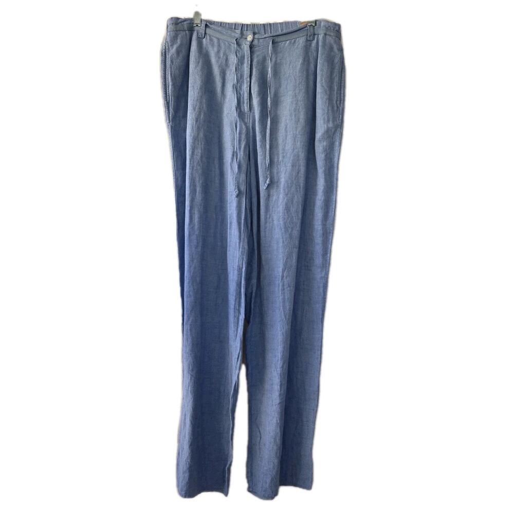 KATE HILL Woman's Size L 100% Linen Pants Relaxed Drawstring Trouser Blue